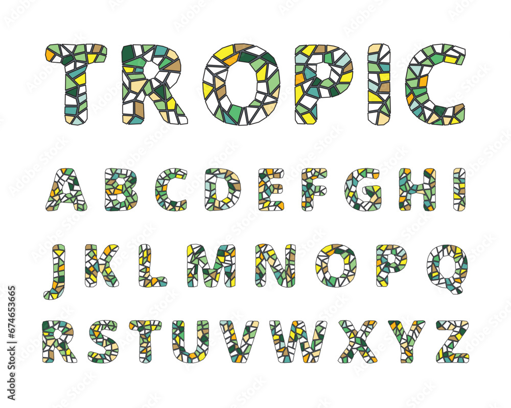 English alphabet mosaic font set in green and yellow tropic colours isolated on white background. Vector illustration English alphabet mosaic font set in green and yellow tropic colours isolated on white background. Vector illustration