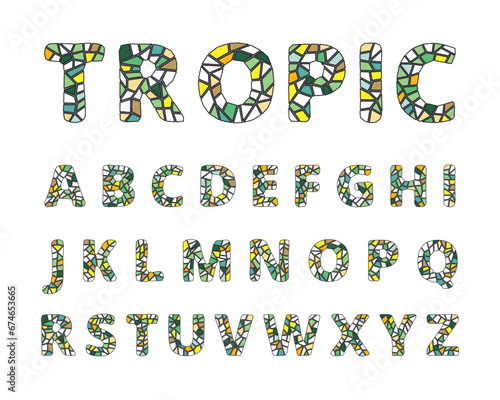 English alphabet mosaic font set in green and yellow tropic colours isolated on white background. Vector illustration