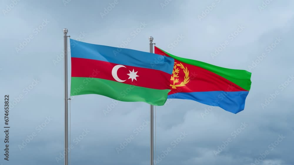 Eritrea and Azerbaijan flag waving together on cloudy sky, endless seamless loop, two country cooperation concept Eritrea and Azerbaijan flag waving together on cloudy sky, endless seamless loop, two country cooperation concept