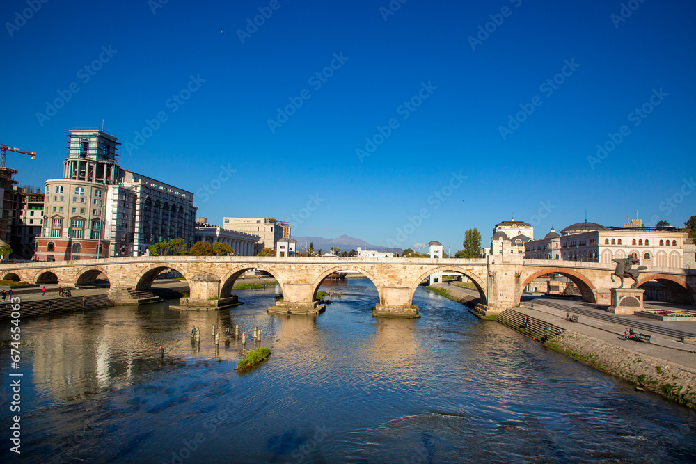 Skopje - Macedonia, October 29, 2023, Stone bridge Skopje, bridge across the Vardar River in Skopje, the capital of the Republic of North Macedonia.