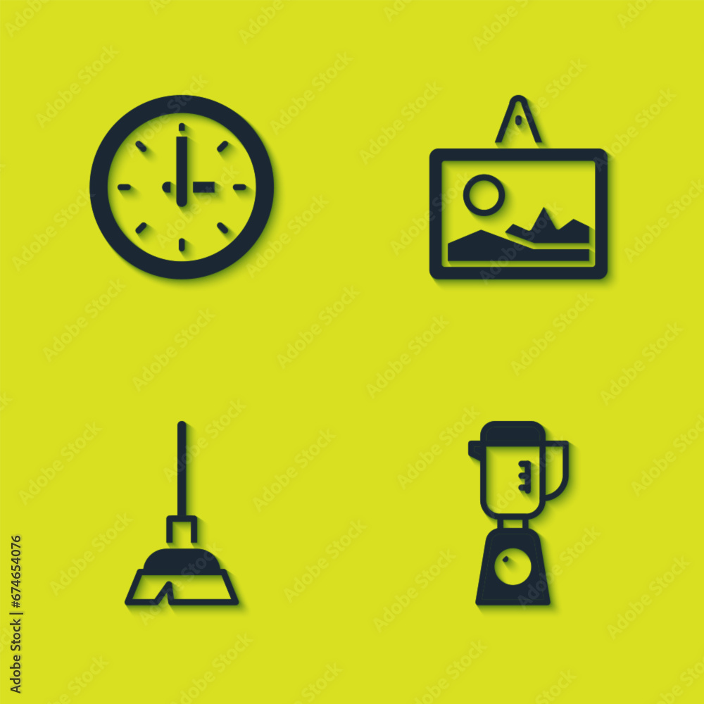 Set Clock, Blender, Handle broom and Picture icon. Vector Set Clock, Blender, Handle broom and Picture icon. Vector