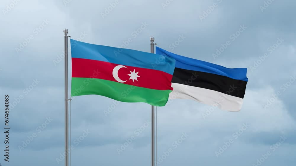 Estonia flag and Azerbaijan flag waving together on cloudy sky, endless seamless loop, two country relations concept Estonia flag and Azerbaijan flag waving together on cloudy sky, endless seamless loop, two country relations concept