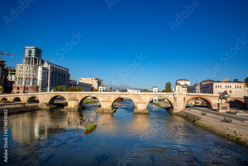 Skopje - Macedonia, October 29, 2023, Stone bridge Skopje, bridge across the Vardar River in Skopje, the capital of the Republic of North Macedonia.