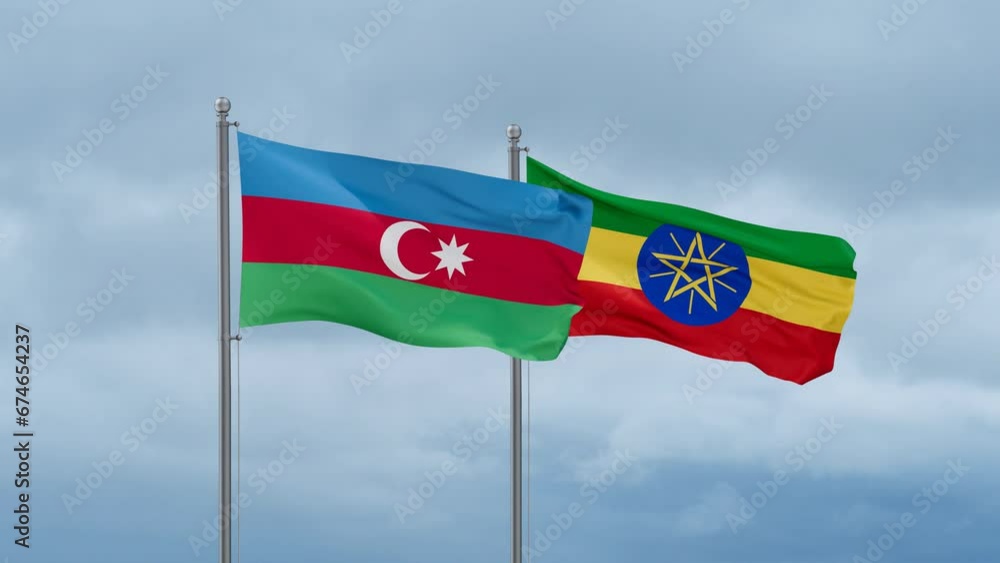 Ethiopia flag and Azerbaijan flag waving together on cloudy sky, endless seamless loop, two country relations concept Ethiopia flag and Azerbaijan flag waving together on cloudy sky, endless seamless loop, two country relations concept