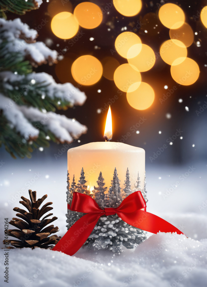 Photo of the candle in the snow on the blurred bokeh background Photo of the candle in the snow on the blurred bokeh background