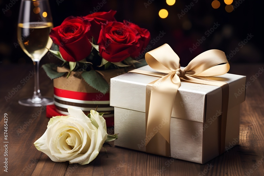 White, Red Roses, gift box and champagne on wooden table White, Red Roses, gift box and champagne on wooden table