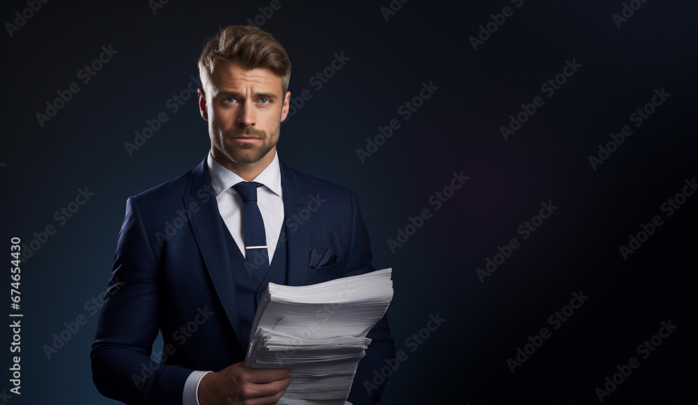 serious lawyer with documents, clean empty dark blue background, studio shot. Generative AI serious lawyer with documents, clean empty dark blue background, studio shot. Generative AI
