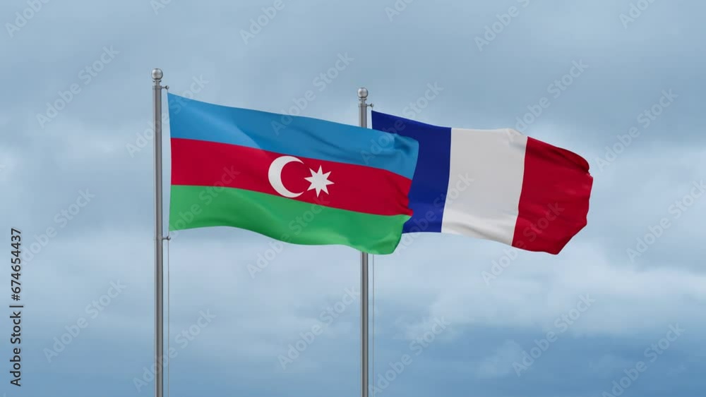 France and Azerbaijan flags waving together on cloudy sky, endless seamless loop, two country relations concept France and Azerbaijan flags waving together on cloudy sky, endless seamless loop, two country relations concept