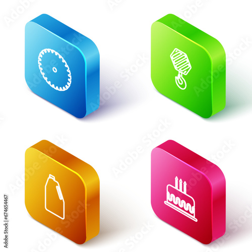 Set Isometric line Circular saw blade, Industrial hook, Household chemicals bottle and Cake with burning candles icon. Vector