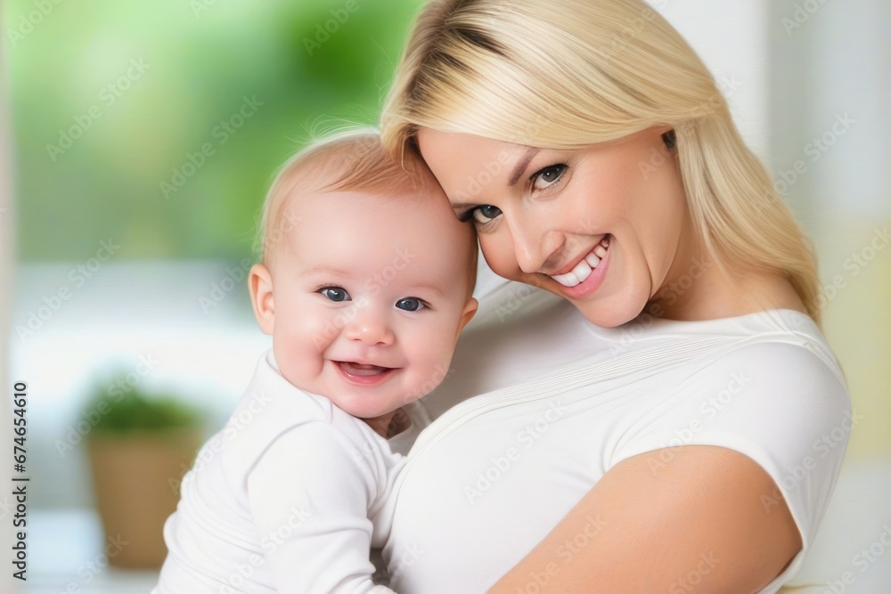 Beautiful young smiling blond mom hugs happy baby. Concept of family love and happiness. Generative AI Beautiful young smiling blond mom hugs happy baby. Concept of family love and happiness. Generative AI