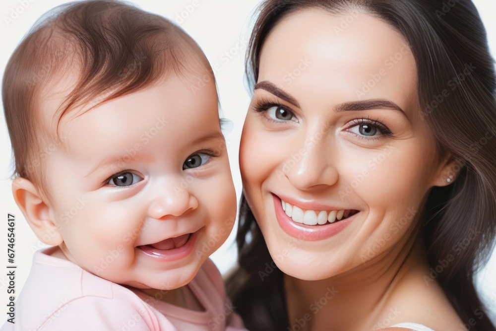 Beautiful young smiling mom hugs happy baby. Concept of family love and happiness. Generative AI Beautiful young smiling mom hugs happy baby. Concept of family love and happiness. Generative AI