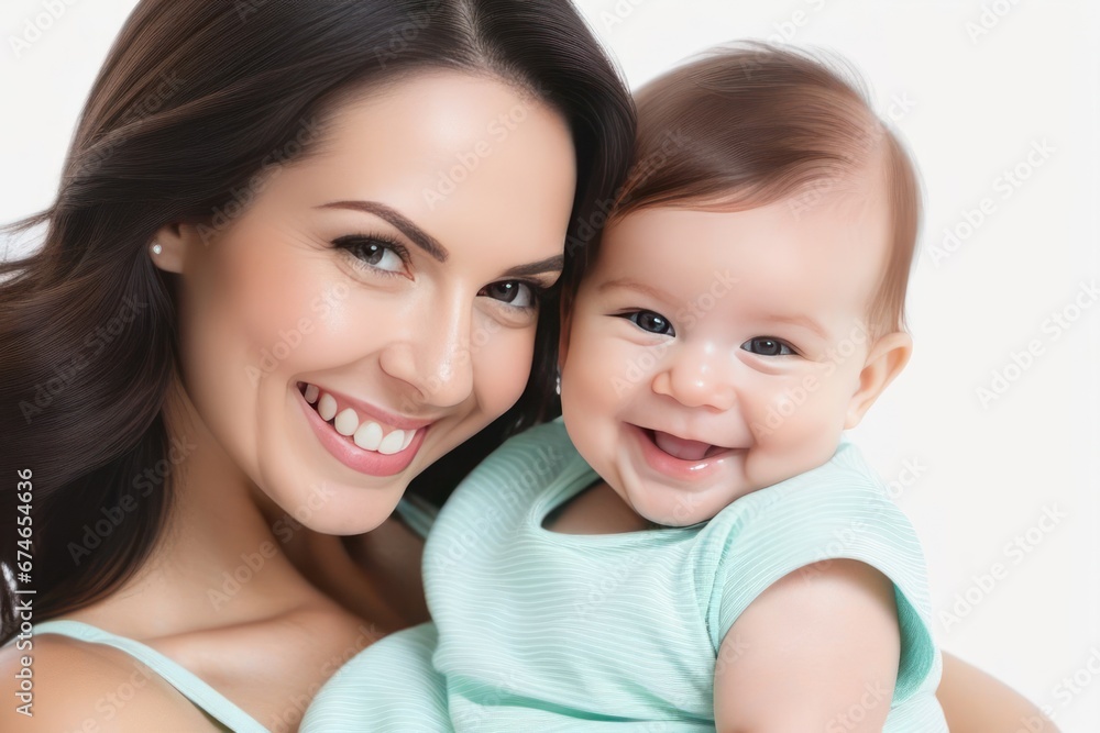 Beautiful young smiling mom hugs happy baby. Concept of family love and happiness. Generative AI Beautiful young smiling mom hugs happy baby. Concept of family love and happiness. Generative AI