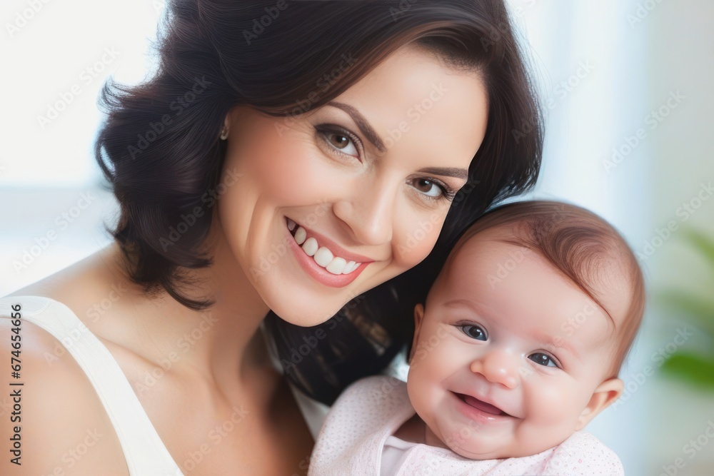 Beautiful young smiling mom hugs happy baby. Concept of family love and happiness. Generative AI Beautiful young smiling mom hugs happy baby. Concept of family love and happiness. Generative AI