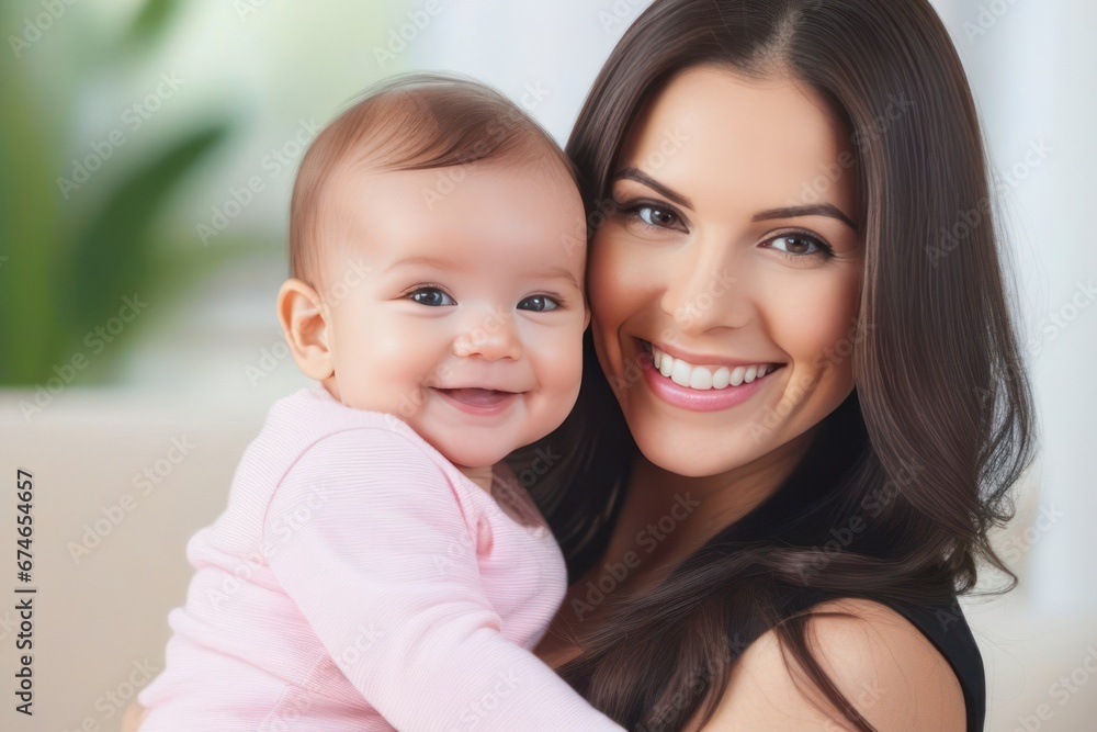 Beautiful young smiling mom hugs happy baby. Concept of family love and happiness. Generative AI Beautiful young smiling mom hugs happy baby. Concept of family love and happiness. Generative AI