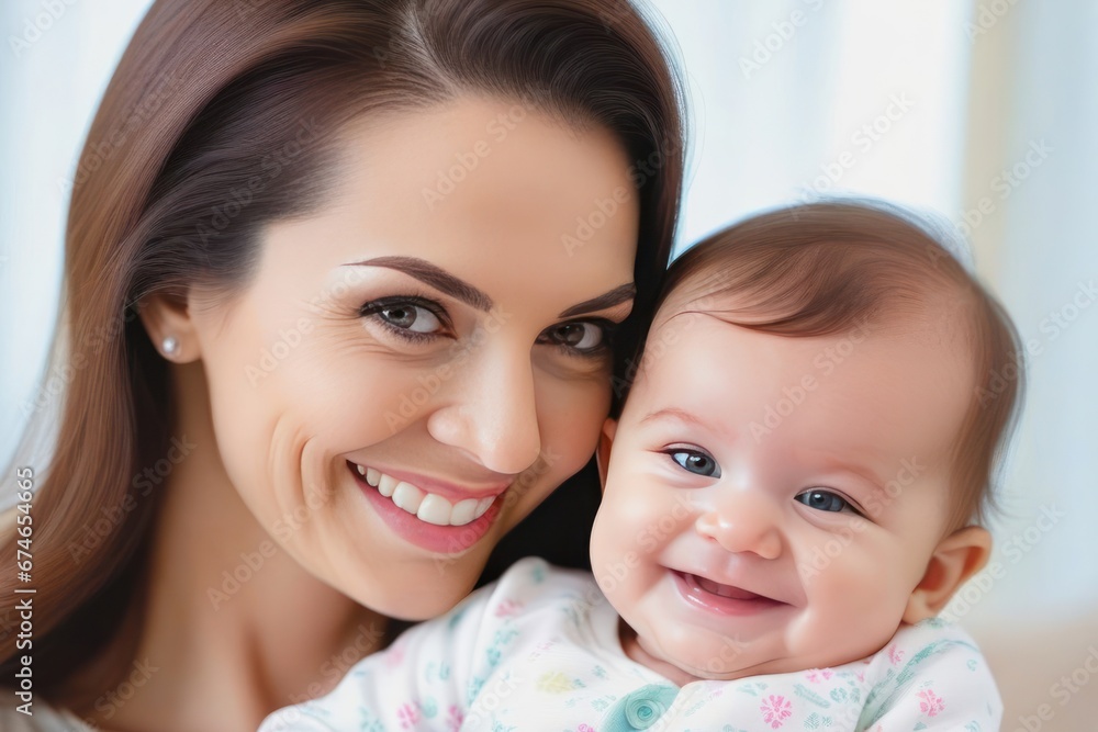 Beautiful young smiling mom hugs happy baby. Concept of family love and happiness. Generative AI Beautiful young smiling mom hugs happy baby. Concept of family love and happiness. Generative AI