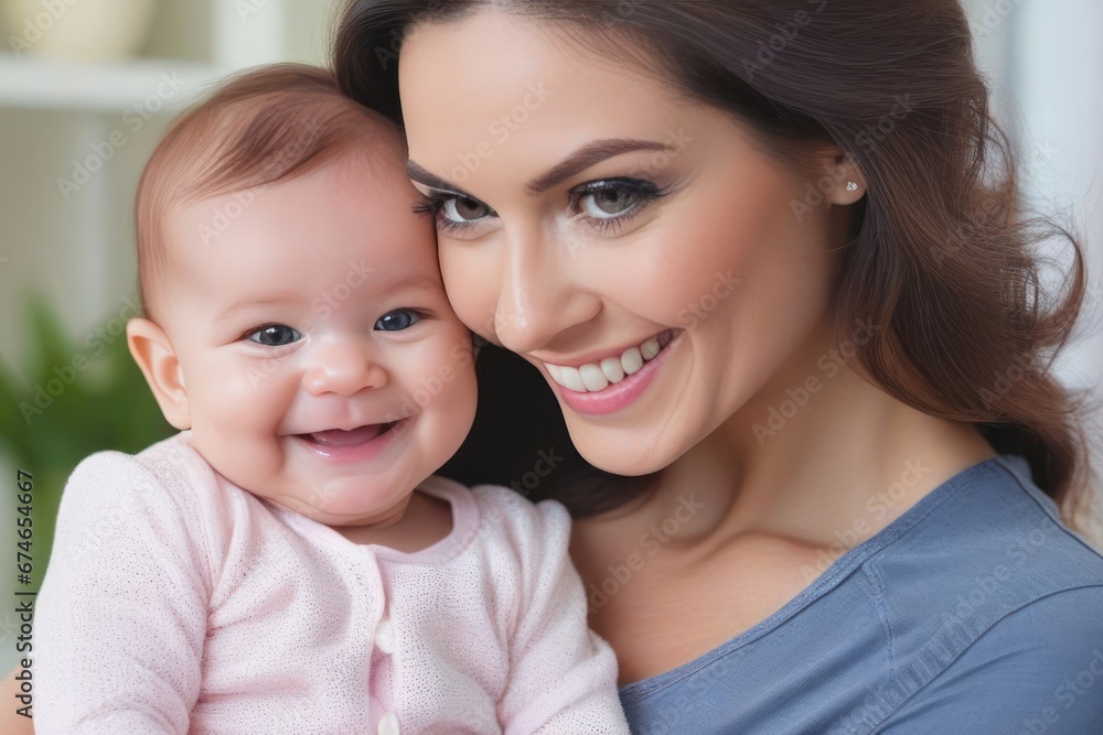 Beautiful young smiling mom hugs happy baby. Concept of family love and happiness. Generative AI Beautiful young smiling mom hugs happy baby. Concept of family love and happiness. Generative AI
