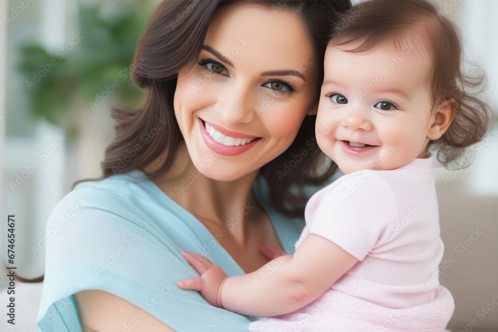 Beautiful young smiling mom hugs happy baby. Concept of family love and happiness. Generative AI Beautiful young smiling mom hugs happy baby. Concept of family love and happiness. Generative AI