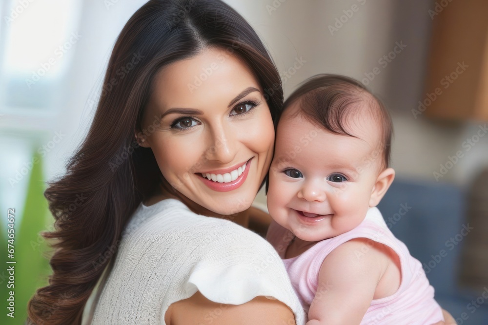 Beautiful young smiling mom hugs happy baby. Concept of family love and happiness. Generative AI Beautiful young smiling mom hugs happy baby. Concept of family love and happiness. Generative AI