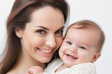 Beautiful young smiling mom hugs happy baby. Concept of family love and happiness. Generative AI