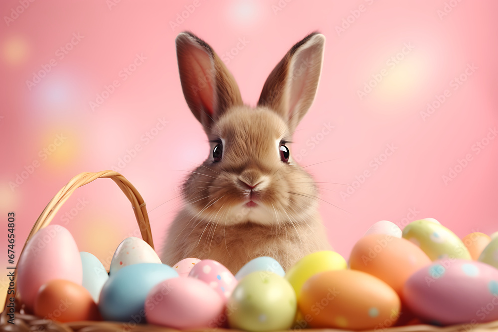 Fototapeta premium funny easter bunny with colorful painted eggs isolated on a neutral background