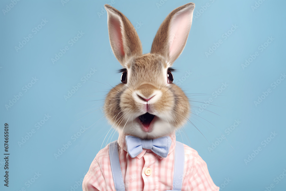 Obraz premium Anthropomorphic funny Easter bunny in human clothes isolated on a neutral background