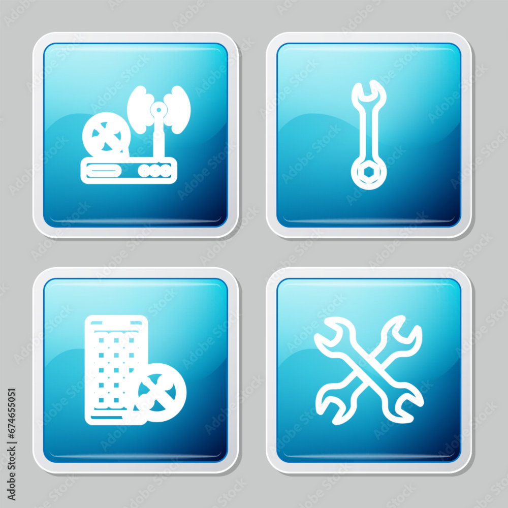 Set line Router wi-fi service, Wrench, Mobile Apps and Crossed wrenchs icon. Vector Set line Router wi-fi service, Wrench, Mobile Apps and Crossed wrenchs icon. Vector