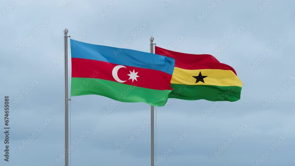 Ghana flag and Azerbaijan flag waving together on cloudy sky, endless seamless loop, two country relations concept Ghana flag and Azerbaijan flag waving together on cloudy sky, endless seamless loop, two country relations concept