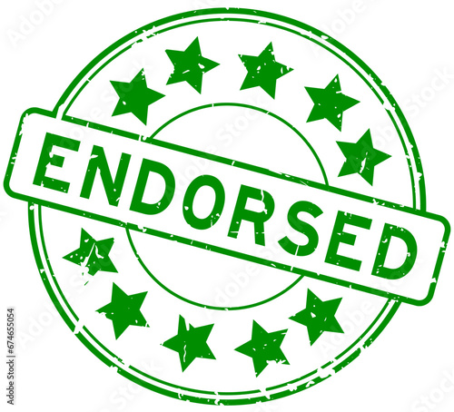 Grunge green endorsed word with star icon round rubber seal stamp on white background