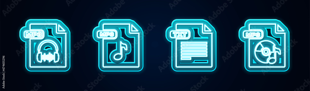 Set line MP3 file document, , TXT and . Glowing neon icon. Vector Set line MP3 file document, , TXT and . Glowing neon icon. Vector