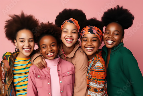 group of beautiful and stylish african girls look into the camera and smiling isolated on a pink background