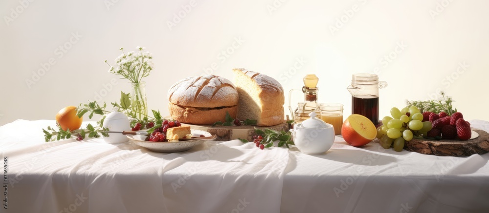 In the background of the isolated white room a happy celebration is happening with delicious food like fruit cake tea and fresh bread It s breakfast time in this bakery and the aroma of coo - obrazy, fototapety, plakaty 