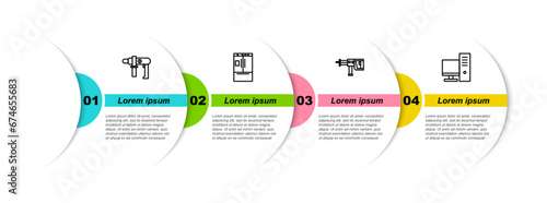 Set line Electric drill machine, Refrigerator, Rotary hammer and Computer monitor. Business infographic template. Vector