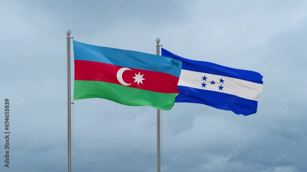 Honduras flag and Azerbaijan flag waving together on cloudy sky, endless seamless loop, two country relations concept Honduras flag and Azerbaijan flag waving together on cloudy sky, endless seamless loop, two country relations concept