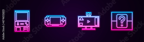 Set line Retro arcade game machine, Portable video console, Live streaming online and Mystery random box. Glowing neon icon. Vector
