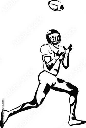 Cartoon Black and White Isolated Illustration Vector Of An American Football Player Catching a Ball