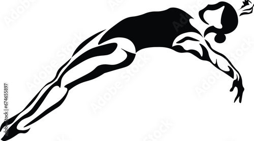 Cartoon Black and White Isolated Illustration Vector Of A Female Swimming Diving Backwards