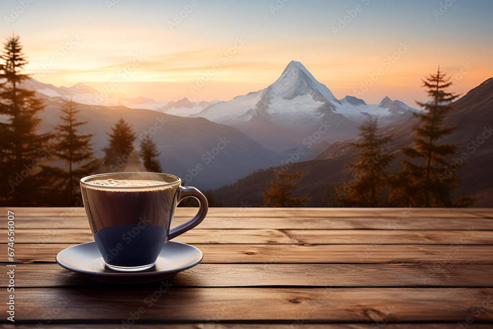 Hot cup of coffee with mountain background at sunrise Hot cup of coffee with mountain background at sunrise