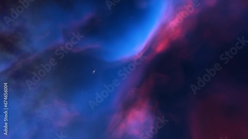 Flying Through The Stars And Blue Nebula In Space. Galaxy exploration through outer space towards glowing milky way galaxy
