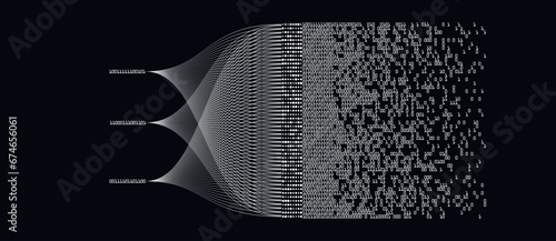 Big data technology and data science illustration. Data flow concept. Analysing, visualizing complex information. Neural network for artificial intelligence. Data mining. Business analytics.