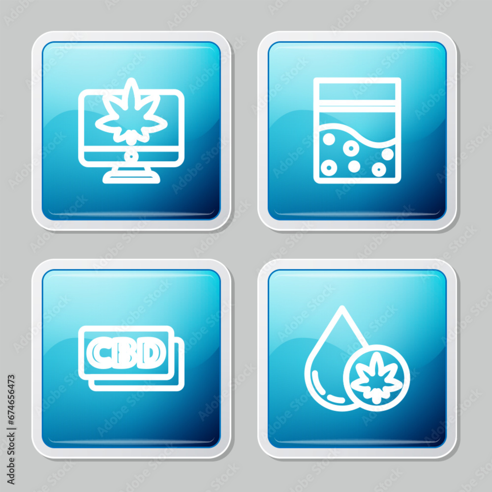 Set line Monitor and marijuana or cannabis, Plastic bag of, Cannabis molecule and Marijuana olive oil icon. Vector Set line Monitor and marijuana or cannabis, Plastic bag of, Cannabis molecule and Marijuana olive oil icon. Vector