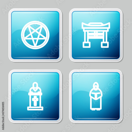Set line Pentagram in a circle, Japan Gate, Church pastor preaching and Monk icon. Vector