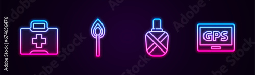 Set line First aid kit, Burning match with fire, Canteen water bottle and Gps device map. Glowing neon icon. Vector