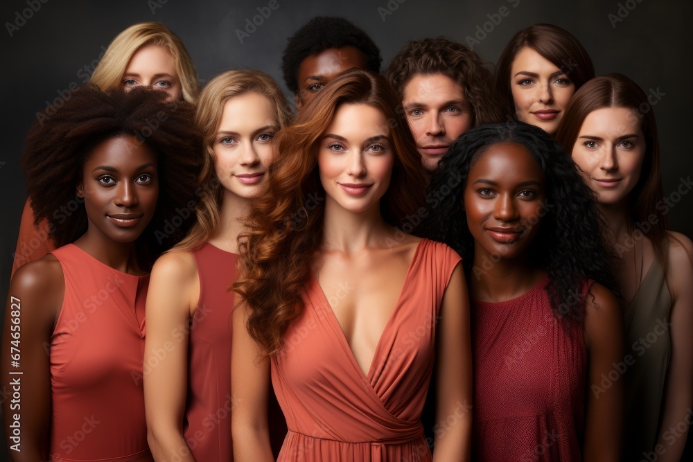 Studio portrait of cheerful smiling young people. A group of millennial friends from different racial, gender, and cultural backgrounds. Concept of diversity, friendship and multi-ethnic youth.