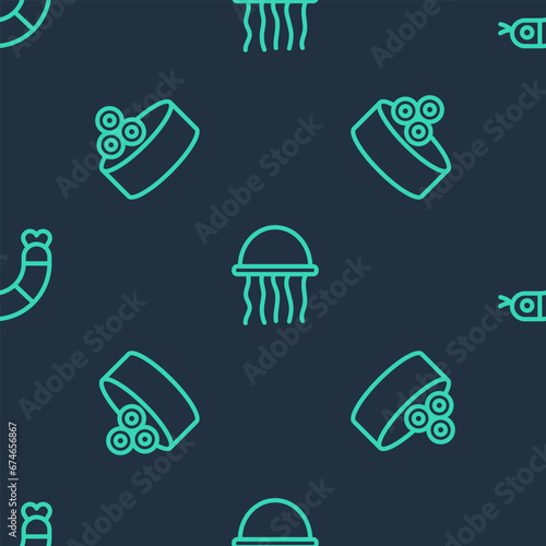 Set line Jellyfish, Tin can with caviar and Shrimp on seamless pattern. Vector