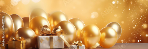 Festive background with golden balls  gift boxes and confetti.
