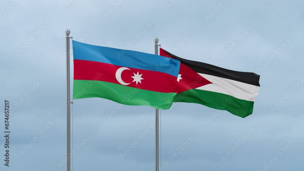 Jordan flag and Azerbaijan flag waving together on cloudy sky, endless seamless loop, two country relations concept Jordan flag and Azerbaijan flag waving together on cloudy sky, endless seamless loop, two country relations concept