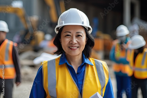 Confident Chinese Female Engineer in Safety Helmet at an Industrial Site