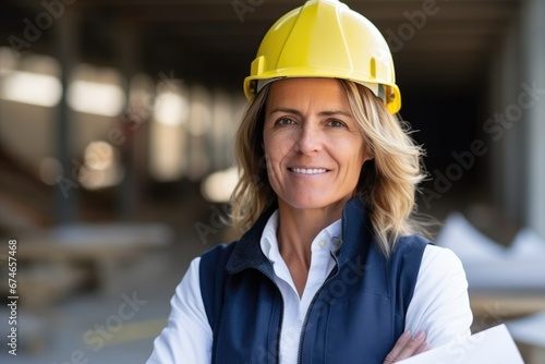 Confident Female Engineer in Safety Helmet at a Construction Site