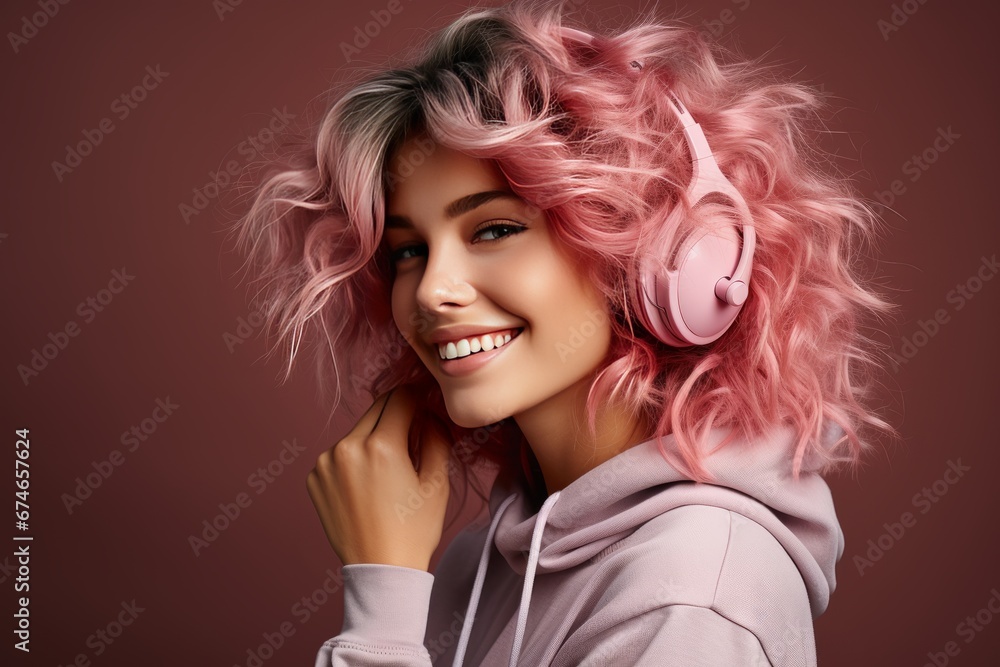 Close-up portrait of happy teenage Caucasian girl with pink hair wearing headphones. Pretty girl in a hoodie with charming smile listening to music, having fun, relaxing. Isolated on pink background.