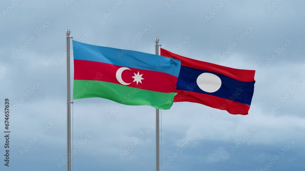 Laos flag and Azerbaijan flag waving together on cloudy sky, endless seamless loop, two country relations concept Laos flag and Azerbaijan flag waving together on cloudy sky, endless seamless loop, two country relations concept